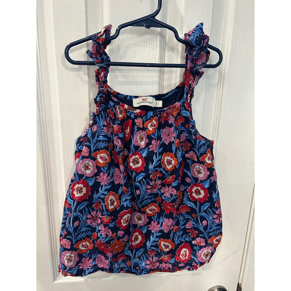 Vineyard‎ Vines Tank Top Navy Floral Ruffle Strap Cotton Modal Blouse Kids L
